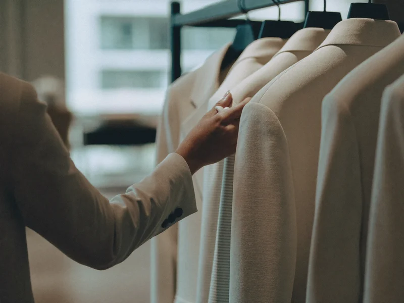 Hand wählt ein geschneidertes Sakko von der Boutique-Stange, über die Schulter gesehen
